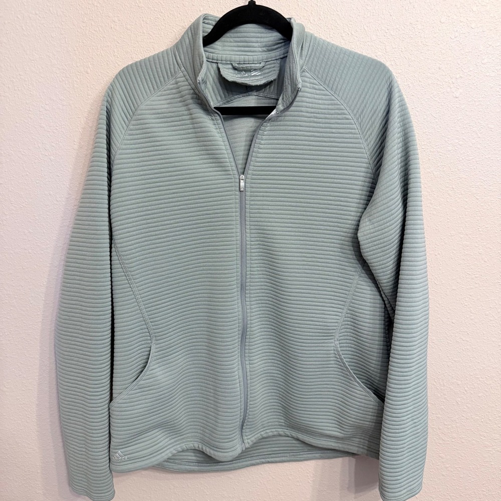 Adidas Womens‎ Ribbed Full Zip Jacket Green/Gray Mock Neck Athletic Golf XLarge